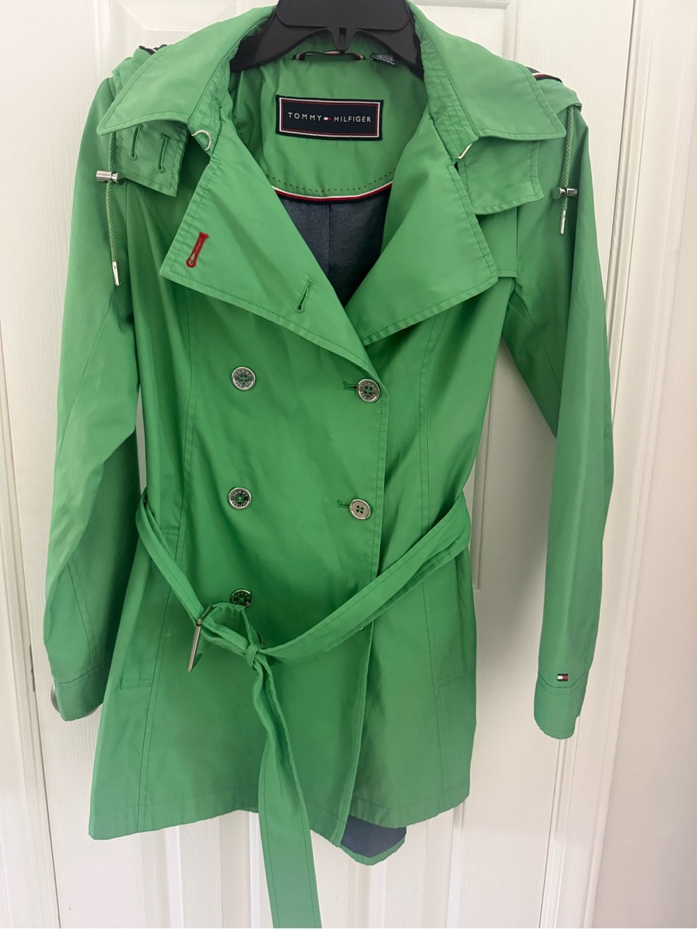 Tommy Hilfiger Green Double-Breasted Trench Coat w/Detachable Hood